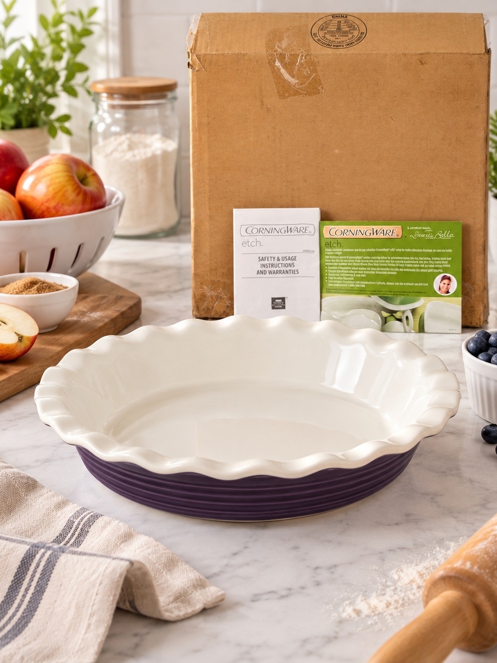 CorningWare Etch Purple 9.5" Stoneware Pie Plate Scalloped New Open Box